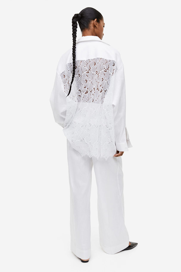 H&M Lace-back Linen-blend Shirt White