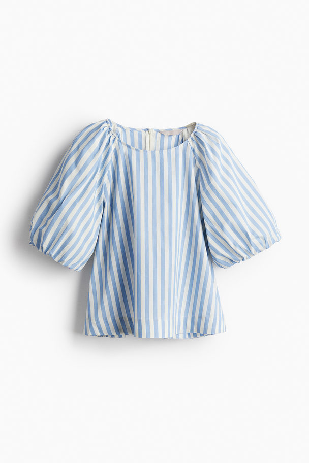 H&M Puff-sleeved Blouse Light Blue/striped