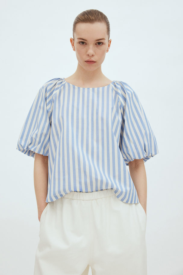 H&M Puff-sleeved Blouse Light Blue/striped