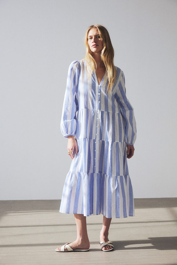 H&M Tiered Linen-blend Dress Light Blue/striped