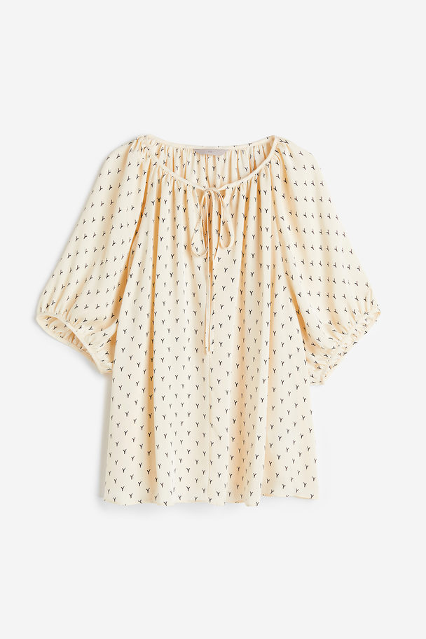 H&M Oversized Tie-top Blouse Cream/patterned