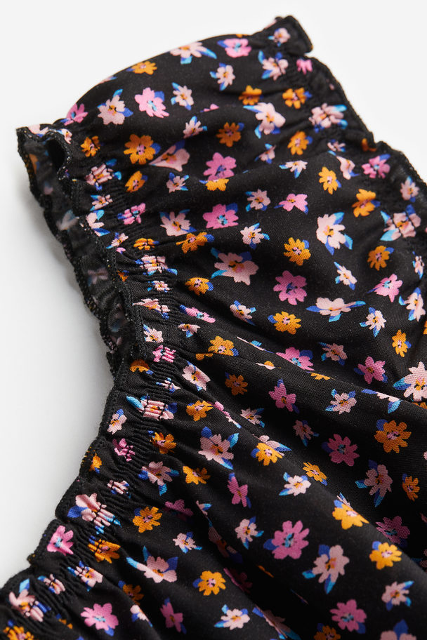 H&M Off Shoulder-bluse Med Flæsekant Sort/blomstret