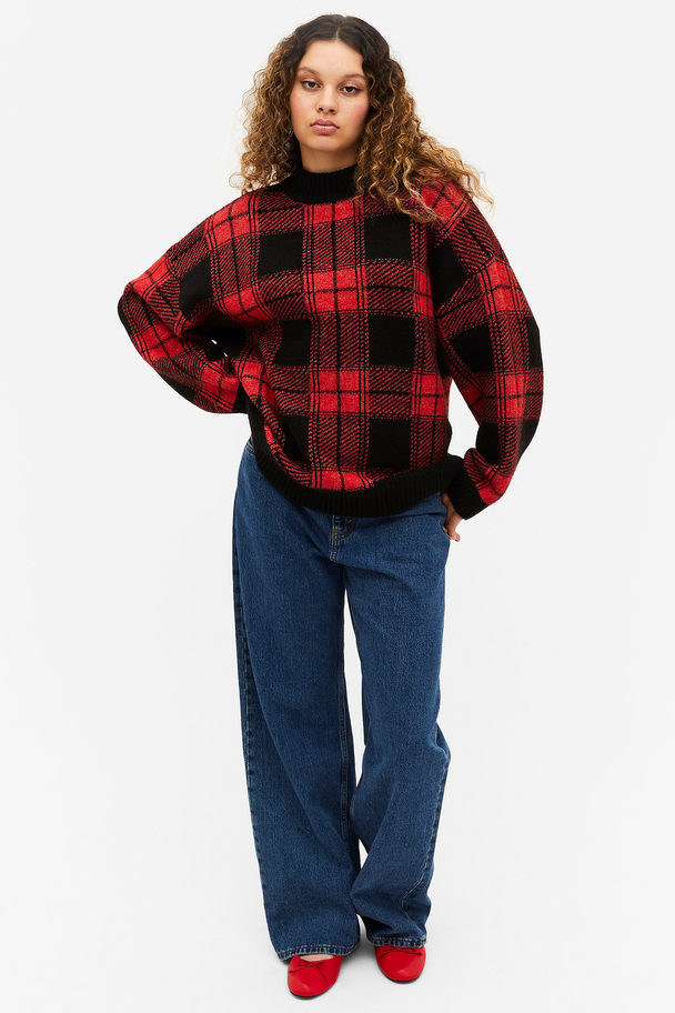 Monki Relaxed Soft Knit Sweater Red & Black Checks