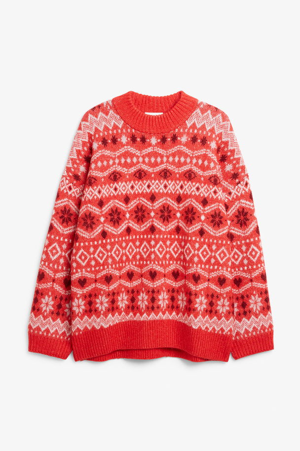 Monki Relaxed Soft Knit Sweater Red Fair Isle