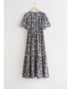 Printed Puff Sleeve Maxi Dress Blue Florals