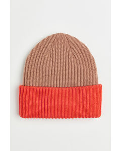 Rib-knit Hat Dark Beige/block-coloured