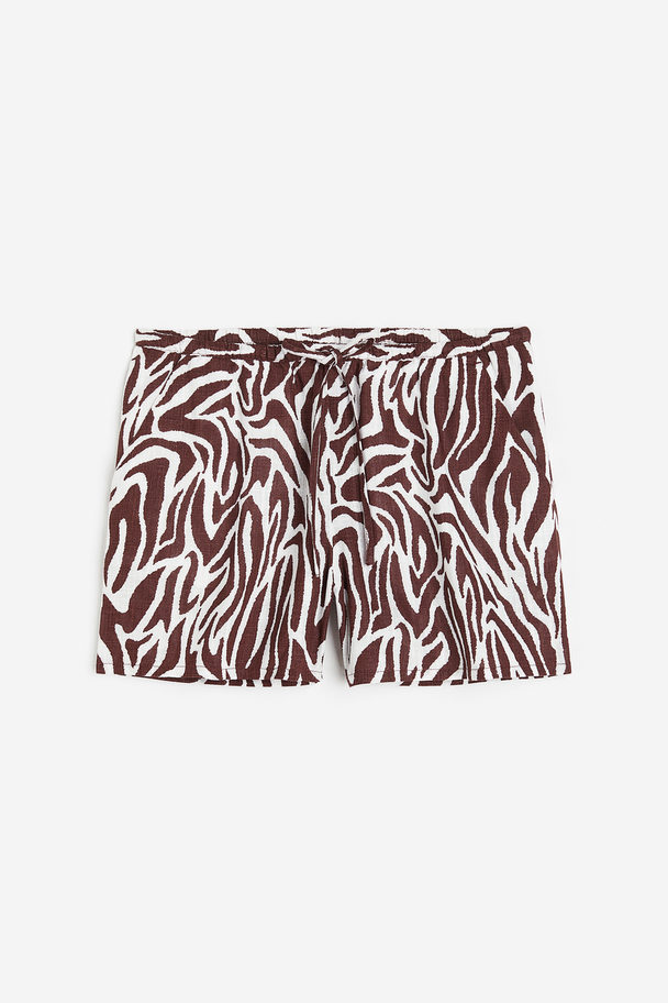 H&M Linen-blend Pull-on Shorts Dark Brown/zebra Print