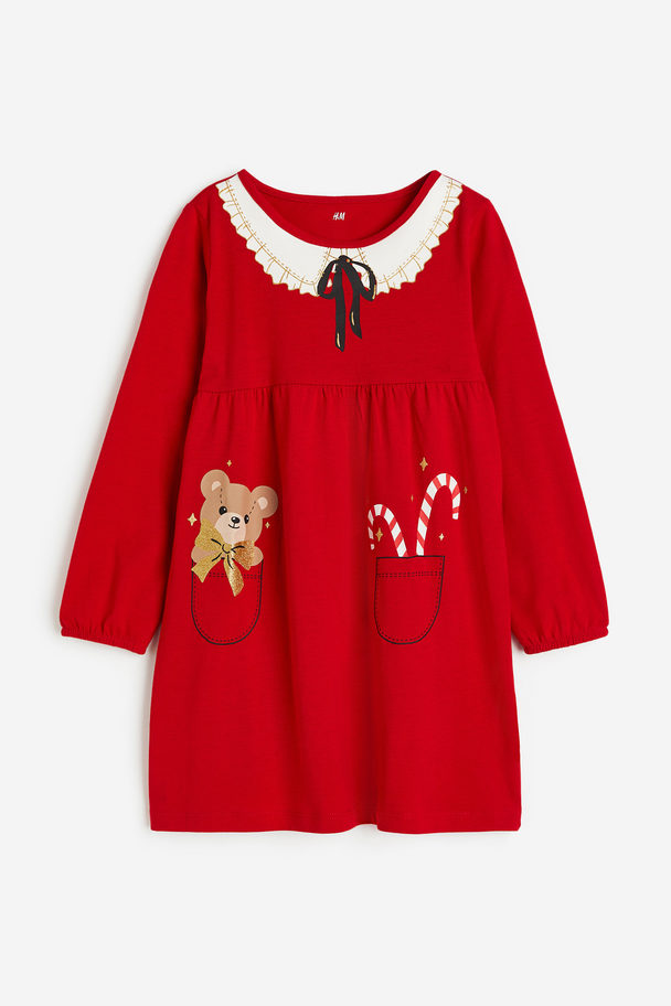 H&M Jerseykleid mit Print Rot/Teddybär