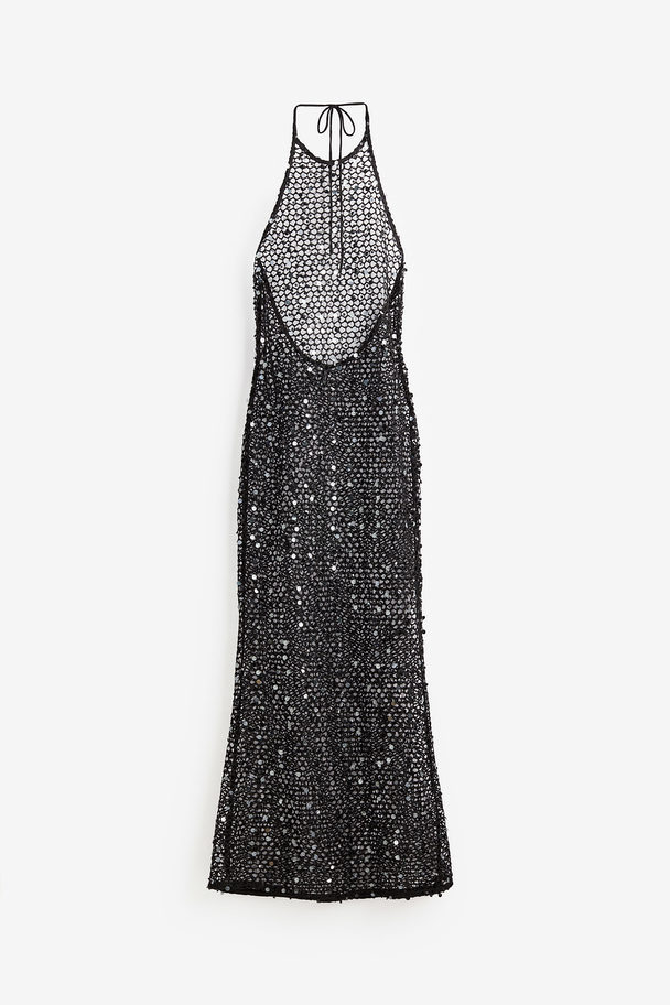 H&M Fischnetz-Kleid mit Neckholder und Pailletten Schwarz