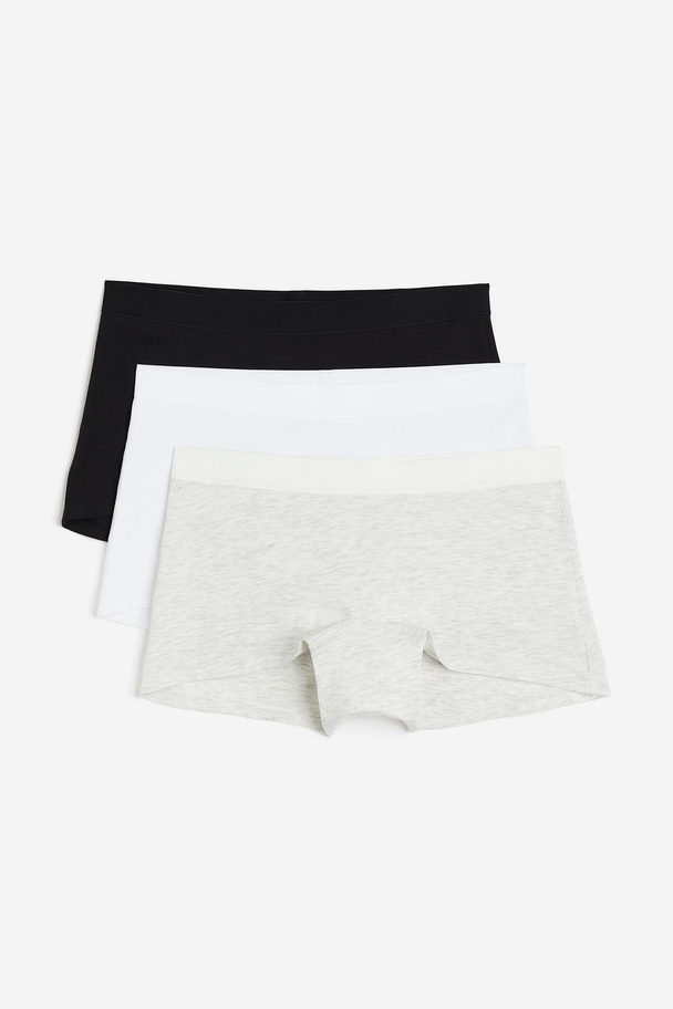 H&M Set Van 3 Katoenen Slips - Shortie Lichtgrijs Gemêleerd/wit/zwart