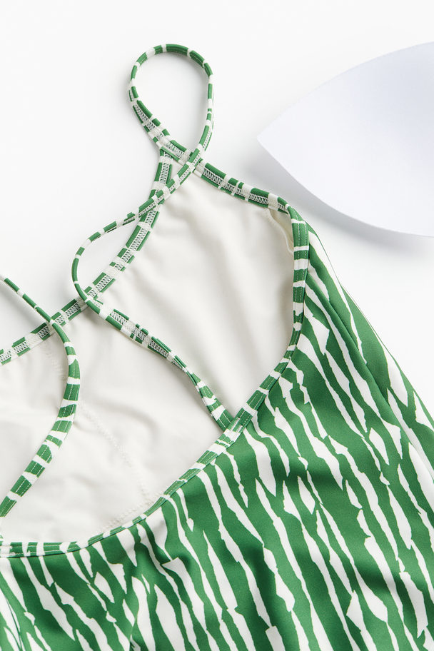 H&M Padded-cup High-leg Swimsuit Green/patterned