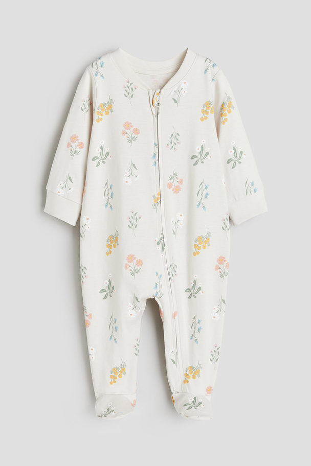 H&M Pyjamasoverall Med Fötter Ljusbeige/blommig