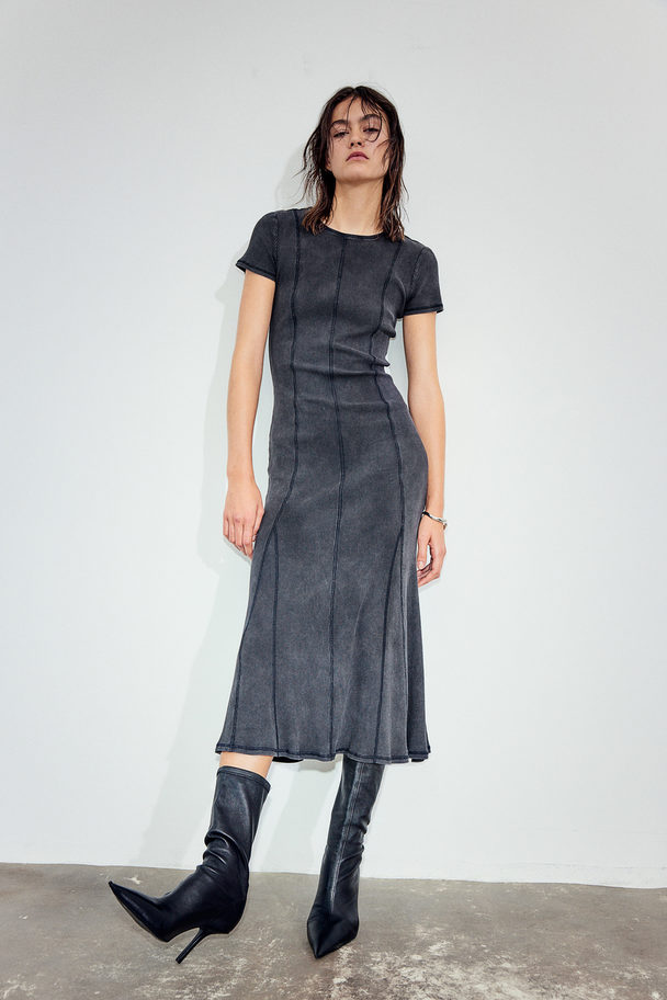 H&M Flatlock-seam Flared-skirt Dress Black/washed