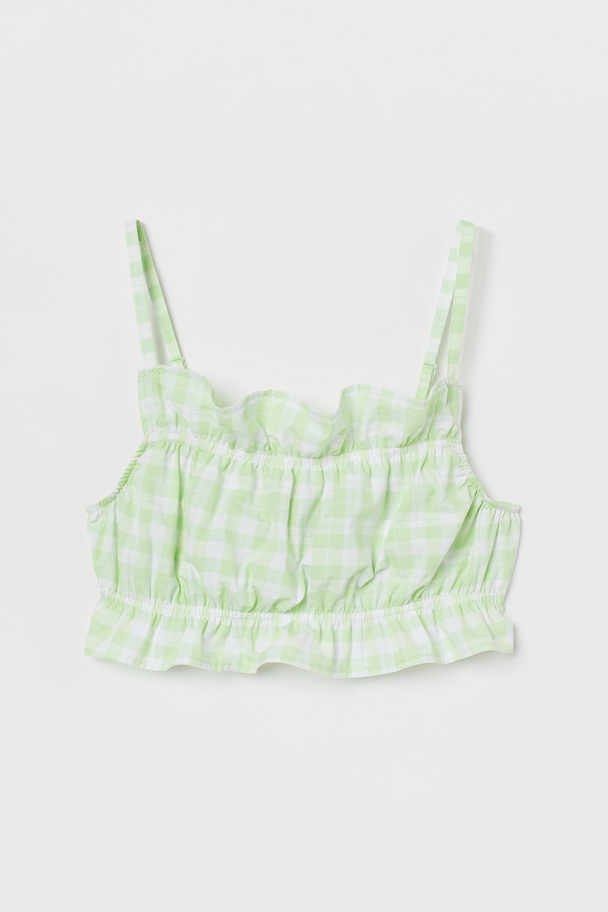 H&M Flounce-trimmed Crop Top Light Green/white Checked