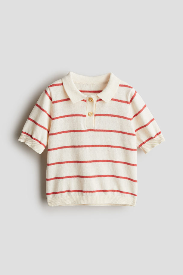 H&M Knitted Polo Shirt Cream/red-striped