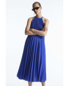 Pleated Halterneck Midi Dress Blue