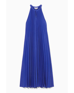 Pleated Halterneck Midi Dress Blue