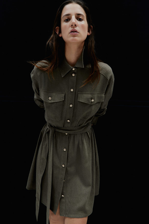H&M Linen-blend Shirt Dress Dark Khaki Green