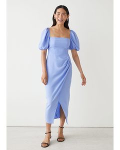 Fitted Puff Sleeve Midi Dress Blue