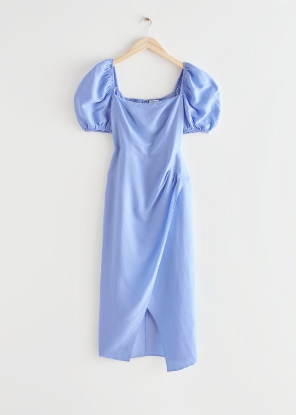 & Other Stories Fitted Puff Sleeve Midi Dress Blue