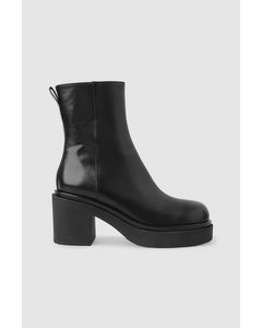 Chunky Leather Heeled Boots Black