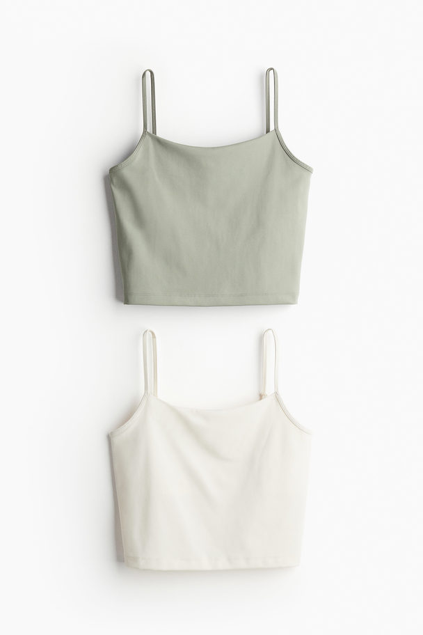 H&M 2-pack Integral-bra Sports Tops Light Khaki Green/white