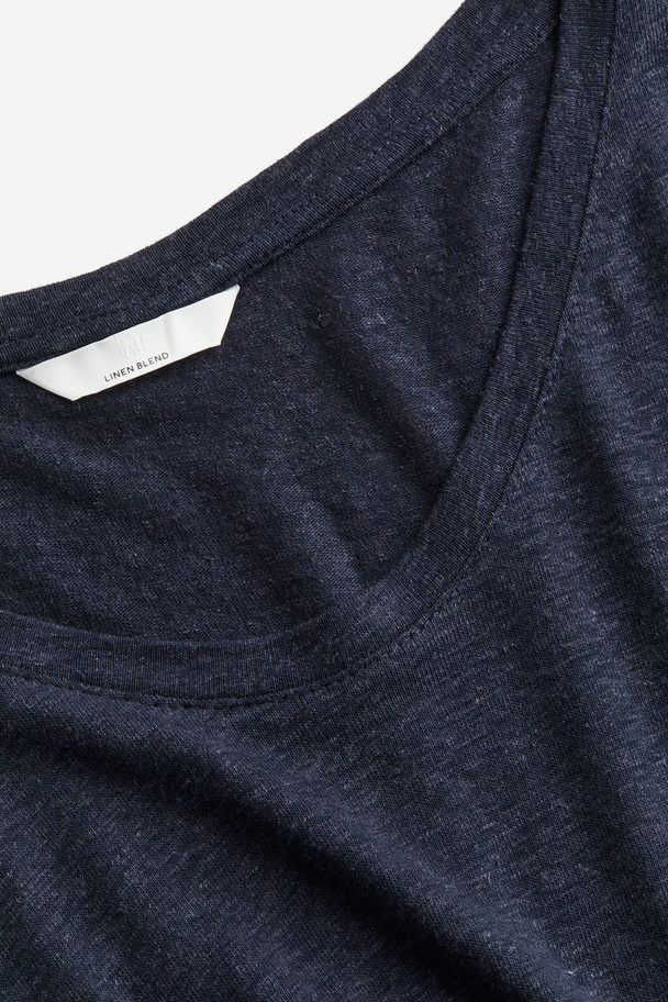 H&M Linen-blend T-shirt Dark Blue