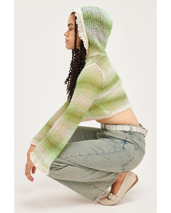 Cropped Knitted Hooded Sweater Green Stripe