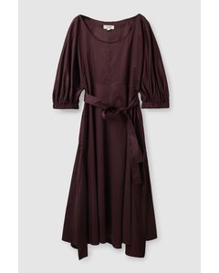 Puff-sleeve Midi Dress Burgundy