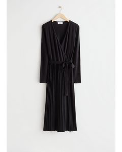 Pleated Wrap Midi Dress Black