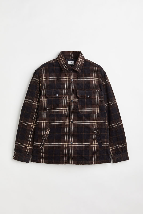 H&M Relaxed Fit Padded Shacket Dark Brown/checked