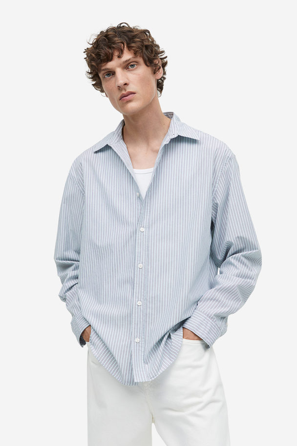 H&M Loose Fit Poplin Shirt Light Blue/white Striped