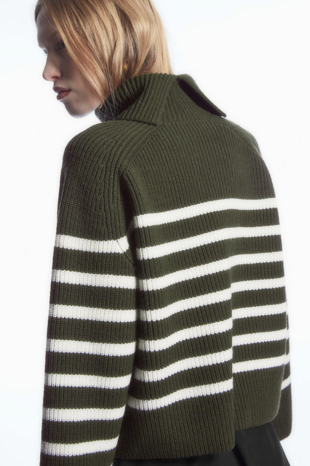 COS Striped Wool Roll-neck Jumper Khaki Green / Striped