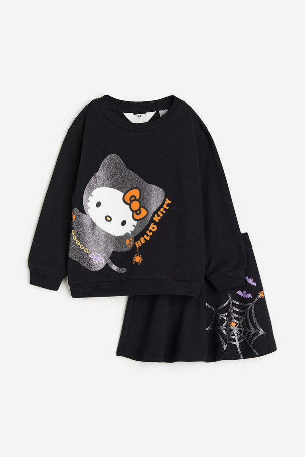 H&M 2-piece Sweatshirt And Skirt Set Black/hello Kitty
