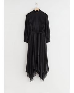 Belted Pleated Asymmetric Midi Dress Black