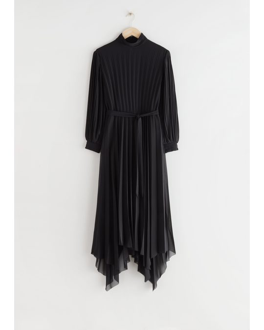 & Other Stories Belted Pleated Asymmetric Midi Dress Black