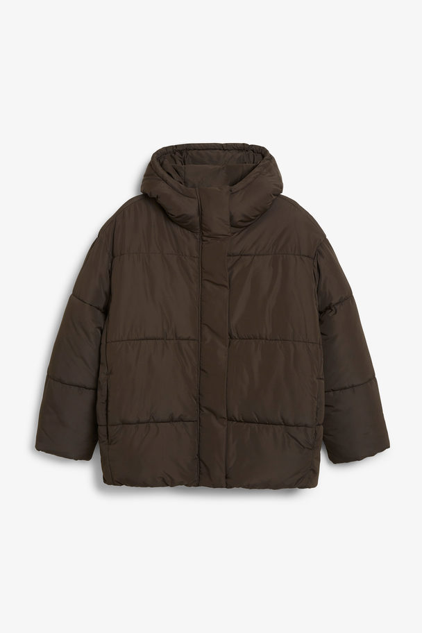Monki Oversized Puffer Jacket With Hood Dark Brown