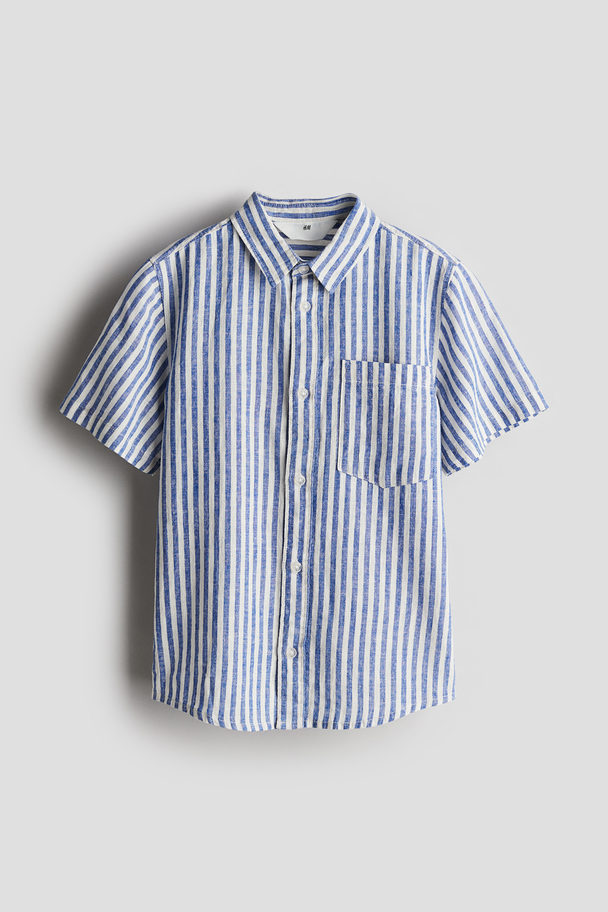 H&M Kurzarmhemd aus Leinenmix Blau/Weiß gestreift