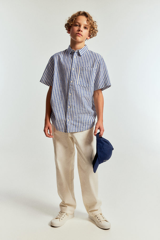H&M Short-sleeved Linen-blend Shirt Blue/white Striped