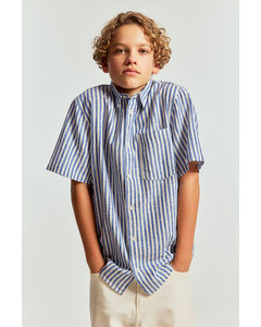Short-sleeved Linen-blend Shirt Blue/white Striped