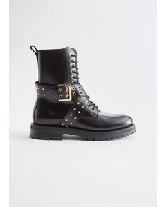 Leather Studded Strap Boots Black