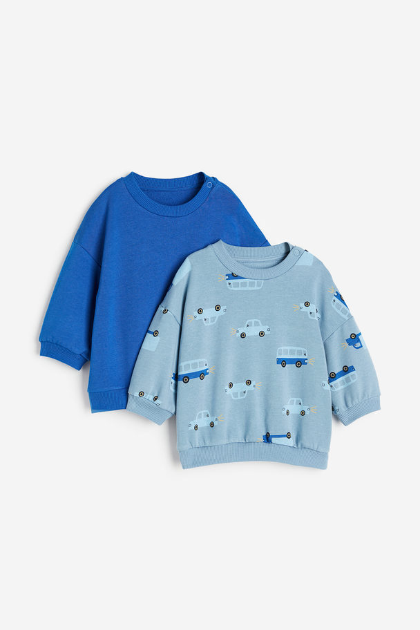 H&M 2-pak Sweatshirt I Bomuld Støvet Blå/køretøjer