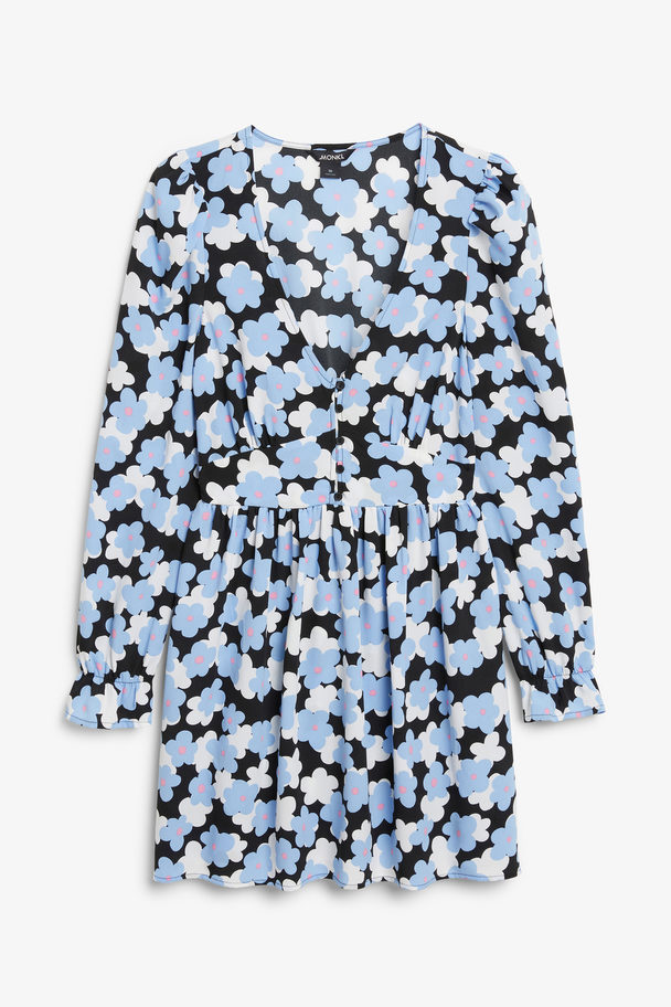 Monki Long Sleeve Crepe Mini Dress Blue & White Flower Print