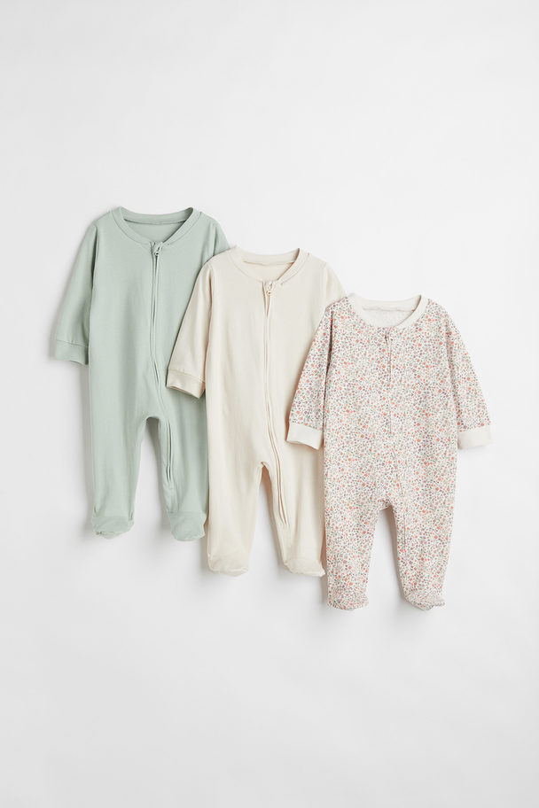 H&M 3-pack Zip-up Pyjamas Dusky Green/floral