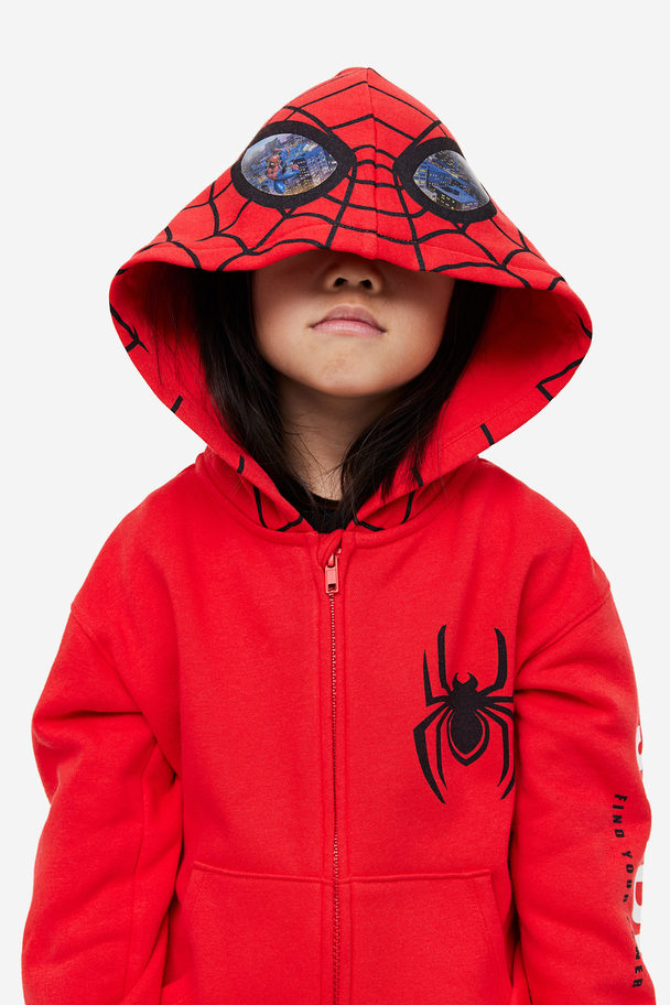 H&M Printed Zip-through Hoodie Red/spider-man