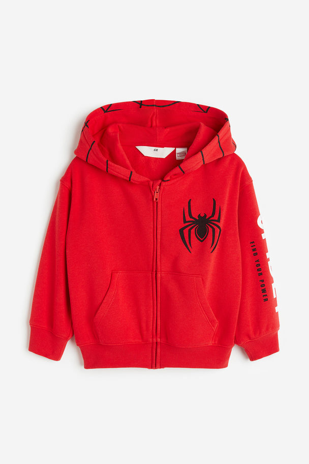 H&M Printed Zip-through Hoodie Red/spider-man