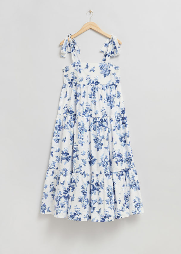 & Other Stories Tiered Babydoll Midi Dress Light Blue/white Floral Print