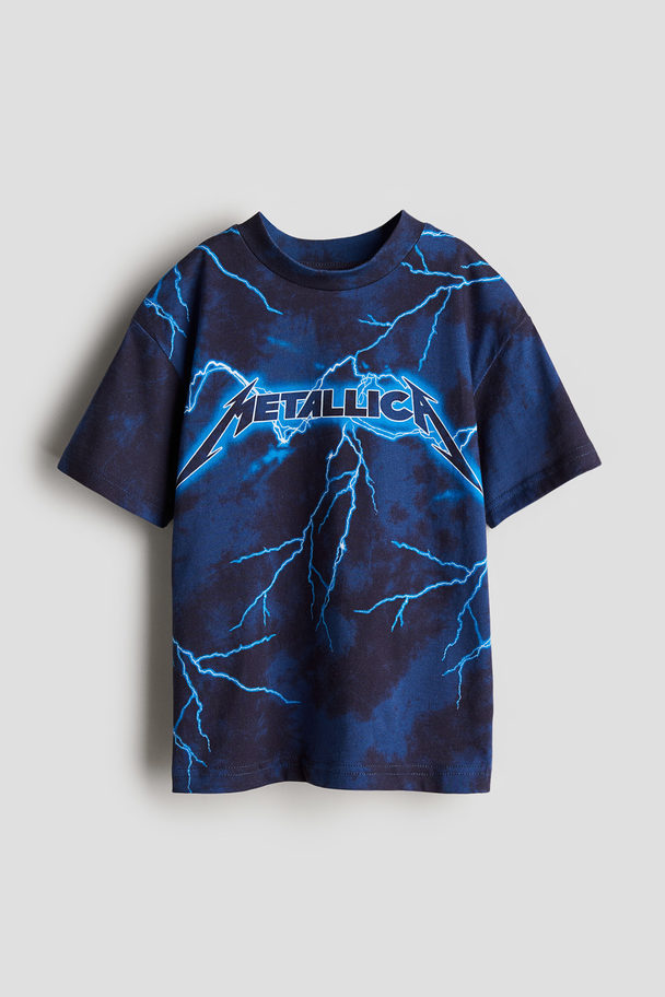 H&M T-Shirt mit Print Dunkelblau/Metallica