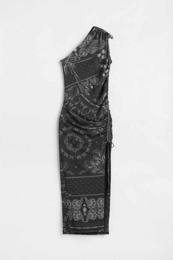 H&M One-shoulder Dress Black/paisley-patterned