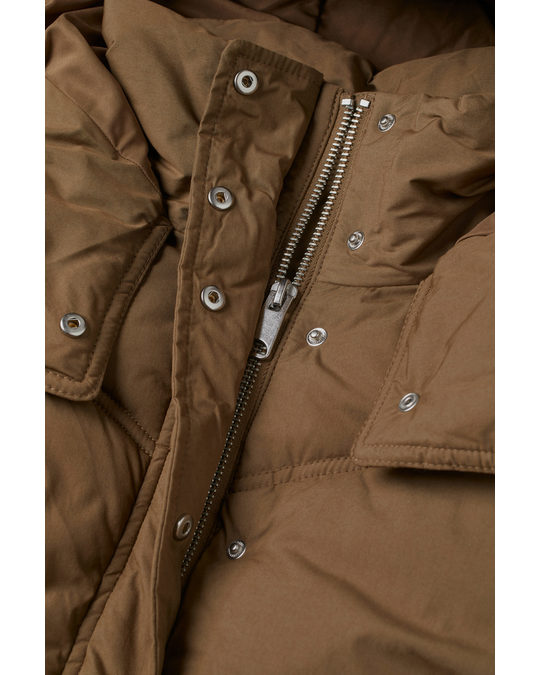 H&M Hooded Puffer Jacket Greenish-brown